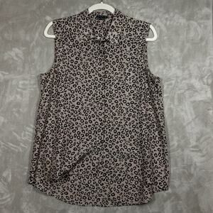 THEORY Blouse Silk Sz L Brown Black Leopard Print Sleeveless Collar Shirt Work